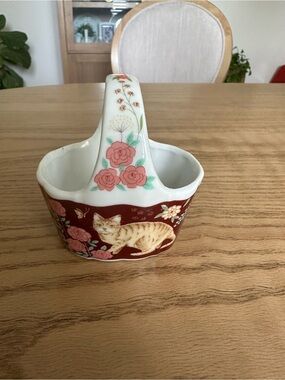 Vintage Porcelain Trinket Basket with Cat and Rose Motif So Pretty